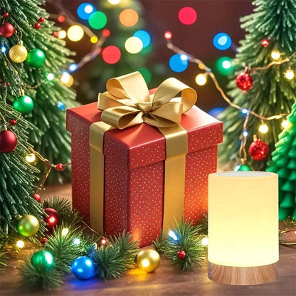 Portable Touch Control LED Bedside Night Light against a Christmas tree and garland backdrop.