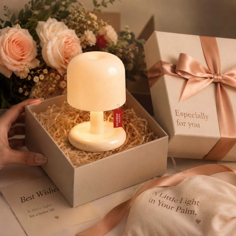 Portable mushroom-shaped LED table lamp presented as a thoughtful gift. A stylish rechargeable bedside lamp with warm ambient lighting, minimalist design, touch control, and compact size—perfect for birthdays, holidays, housewarming, or cozy home décor