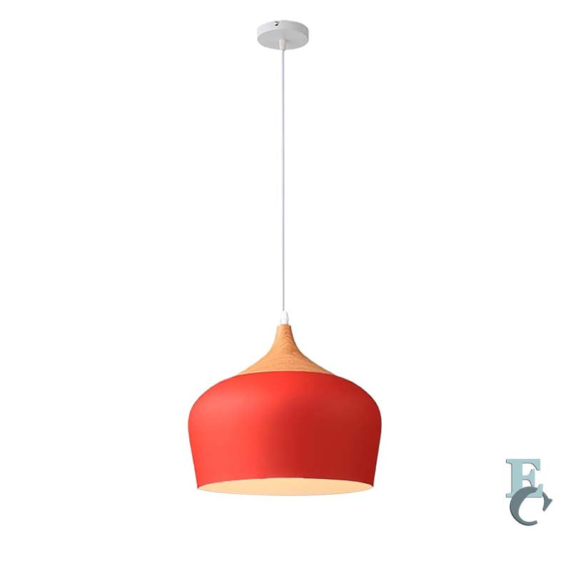 Red pendant lamp with wooden base on a white background