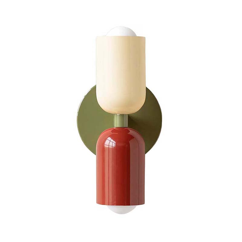 Wall sconce with a beige shade, green base, and red accent on a white background