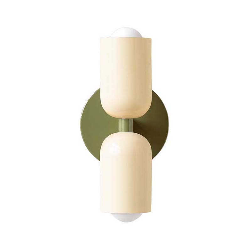 Wall-mounted light fixture with beige cylindrical shades on a white background
