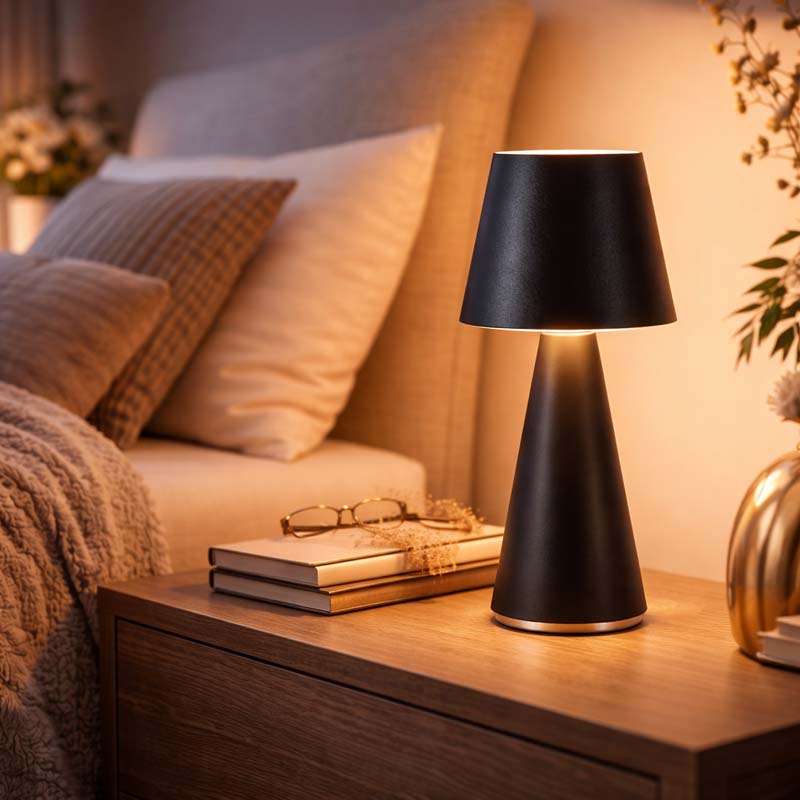 Black table lamp on a wooden nightstand with books and glasses in a cozy bedroom setting.