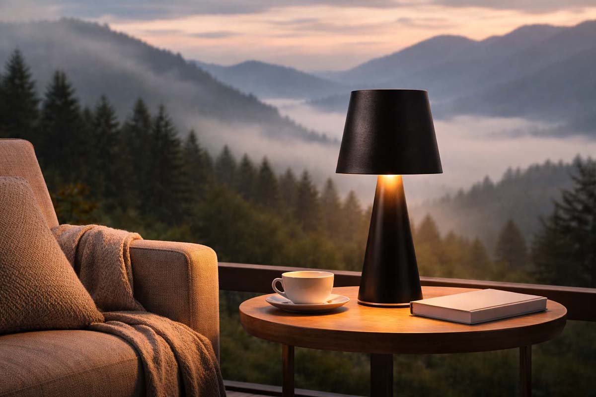Black table lamp on the balcony with nature in the background