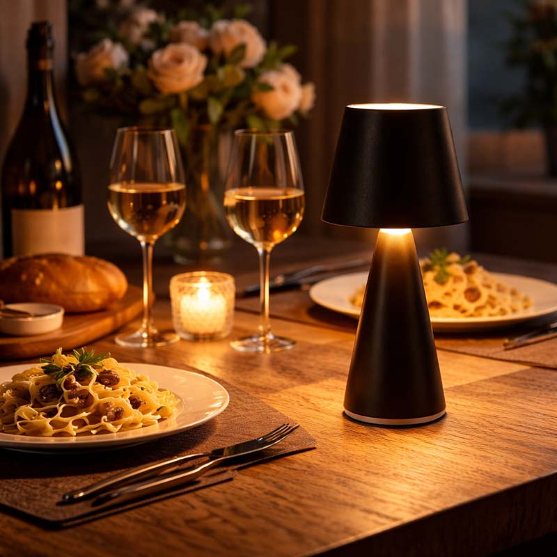 Black table lamp on the table during evening dinner,