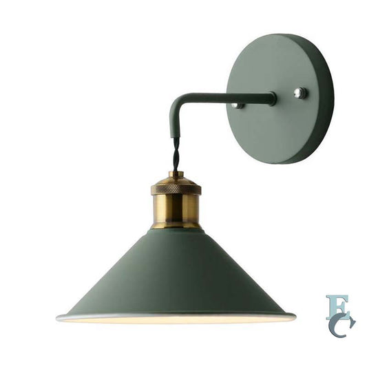 Green wall-mounted lamp with brass accent on a white background