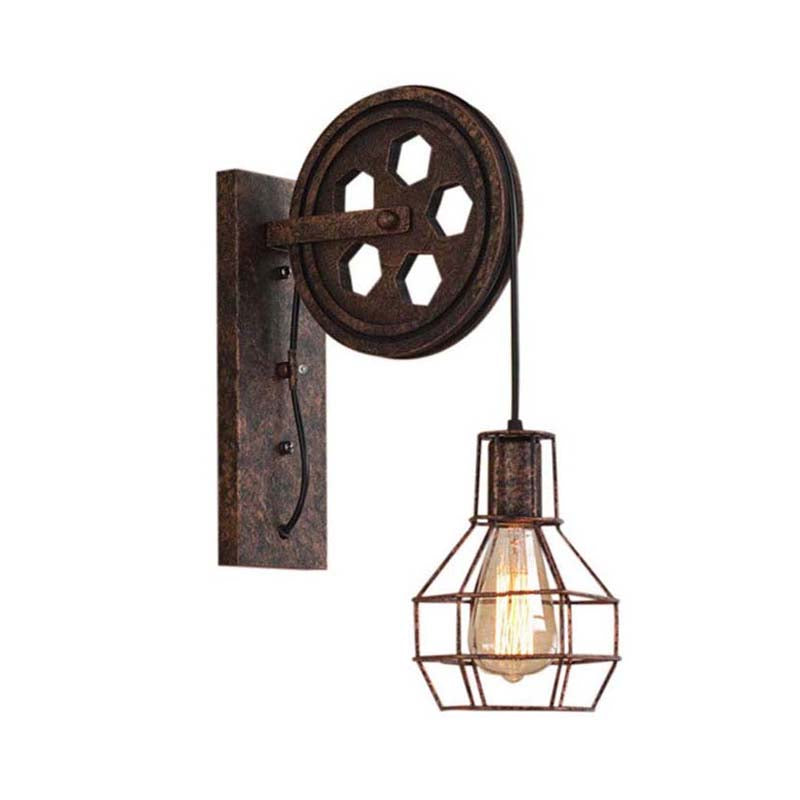 Wall-mounted industrial-style light fixture with pulley design on a white background