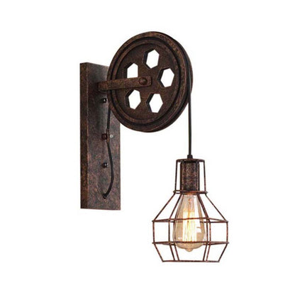 Wall-mounted industrial-style light fixture with pulley design on a white background