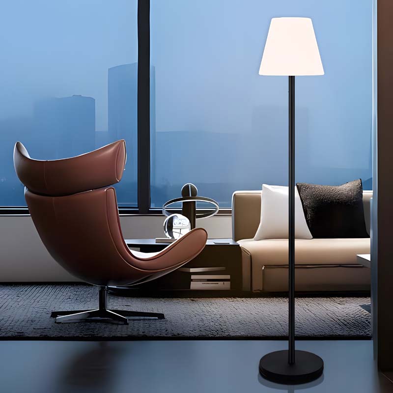Solar RGB Floor Lamp in a modern living room with a brown armchair and a beige sofa