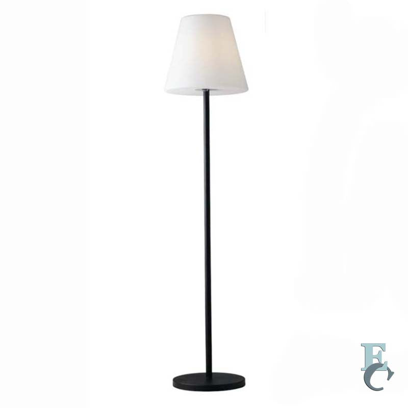 Floor lamp with white shade and black base on a white background