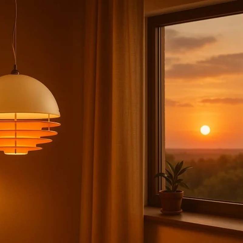 Sunset pendant light in an interior with sunset view through the window