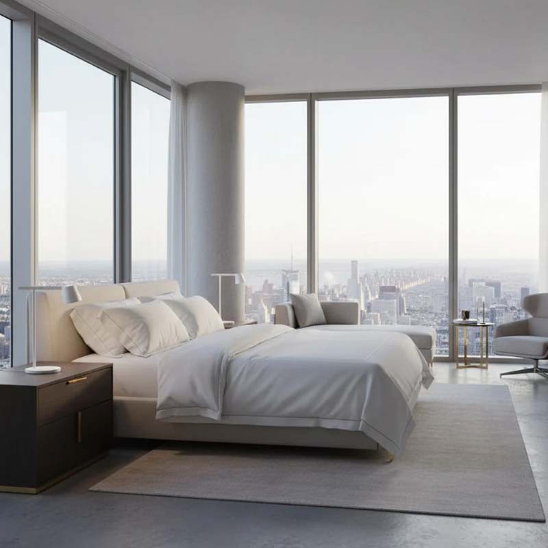 A modern bedroom with large windows overlooking the cityscape and LED table lamps