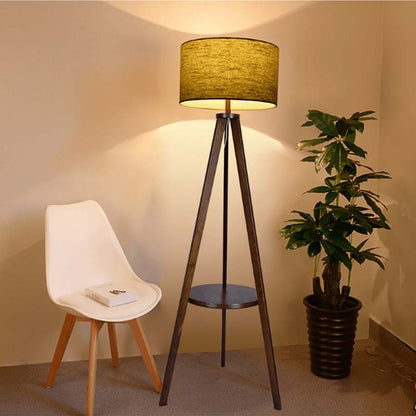 Triangular floor lamp with a green shade in a room with a chair and plant.