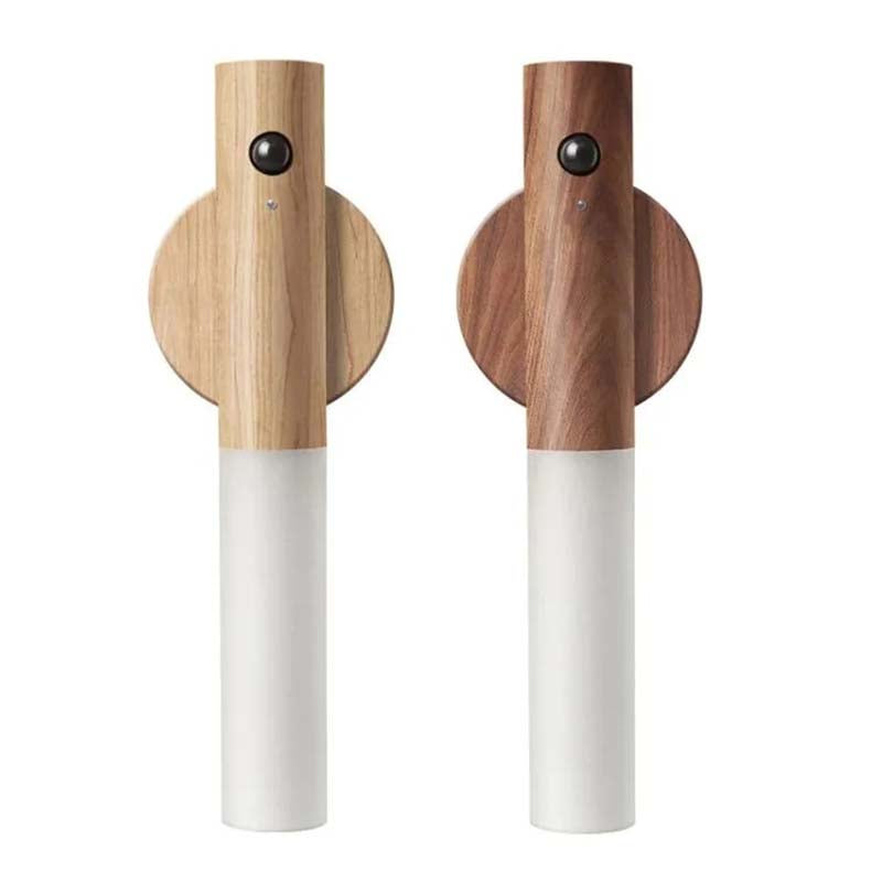Two compact portable wall lamps in ash and walnut colors on a white background, motion sensor activated, easy to install