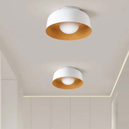 Two ceiling lights with white and wooden design on a neutral background