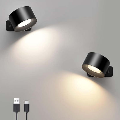 Two black wall lights on a gray background with USB cable and adapter.
