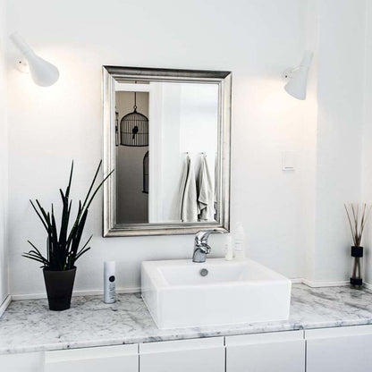 Vector Metal Wall Sconce in a Bathroom with a white sink, mirror and decorative plants on a marble countertop.