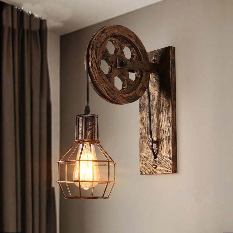 Vintage Retro Wall Sconce with industrial style metal pulley on neutral wall.