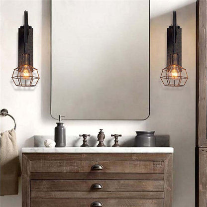 Bathroom vanity with wooden cabinet, mirror, and wall lights.
