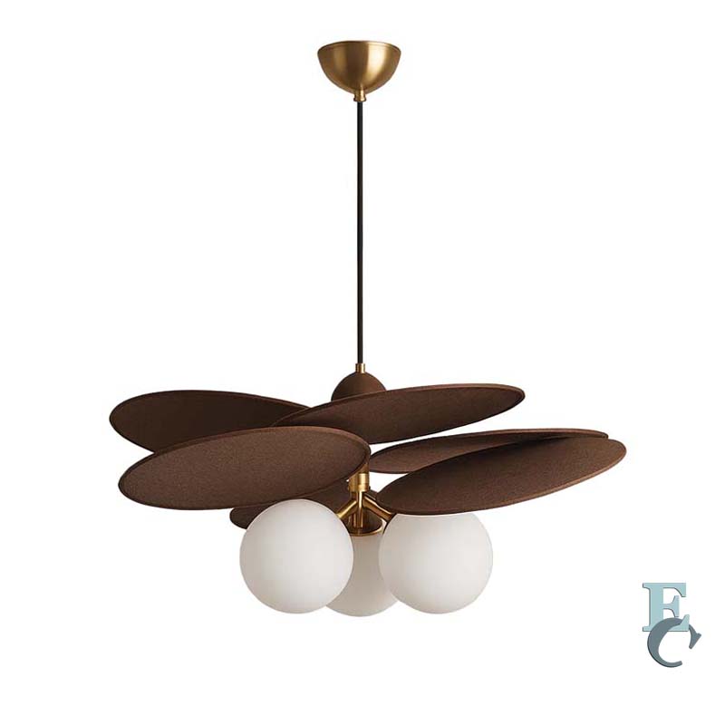 Vintage rattan pendant ceiling light with petal-shaped glass shade with three shades