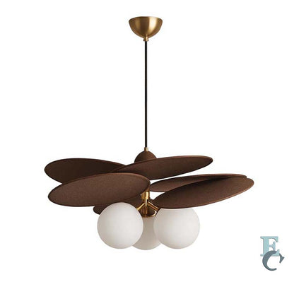 Vintage rattan pendant ceiling light with petal-shaped glass shade with three shades