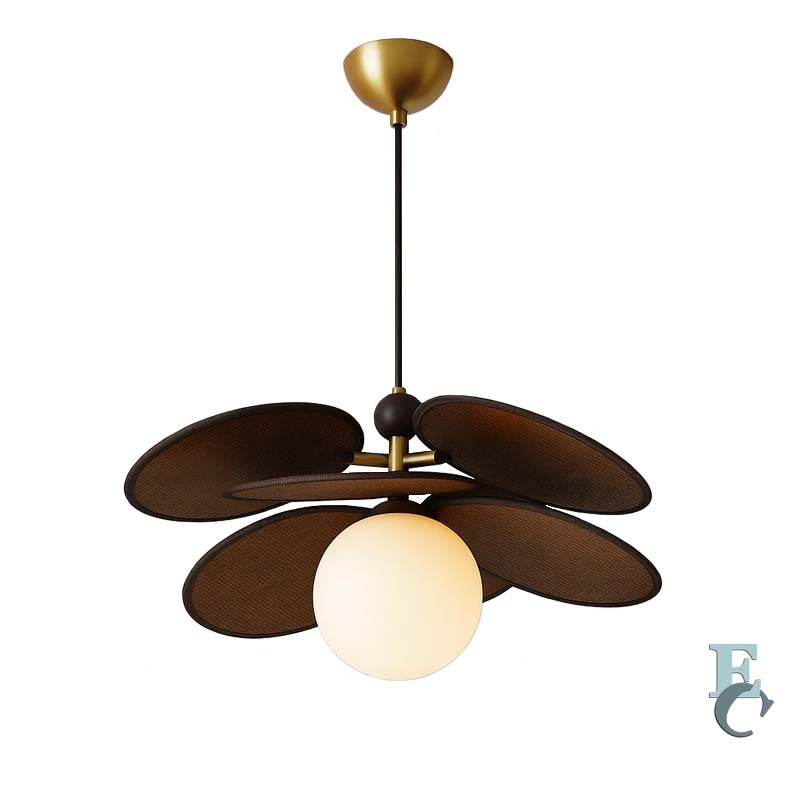 Vintage rattan pendant ceiling light with petal shaped glass shade with single lampshade