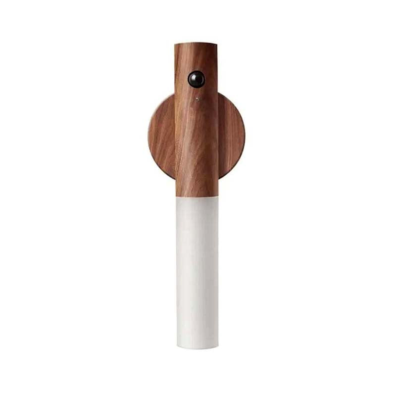 Wireless LED wall light with motion sensor made of walnut wood, modern cordless wall sconce for indoor hallway, bedroom, closet, and stair lighting