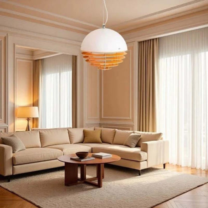Warm pendant lamp in a bright living room with a sofa.