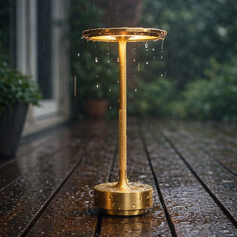 A gold waterproof table lamp stands on a wooden terrace under raindrops.