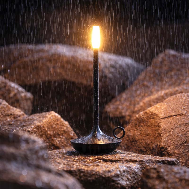 Touch Portable LED Candle Lamp on wet stones in the rain.