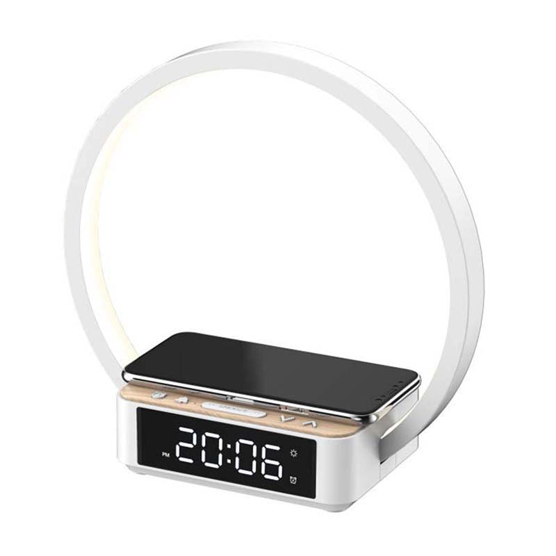 Modern alarm clock with LED display and circular light on a white background