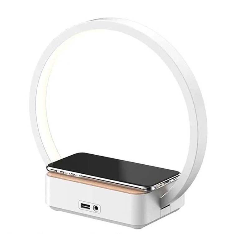 Modern desk lamp with a circular design on a white background