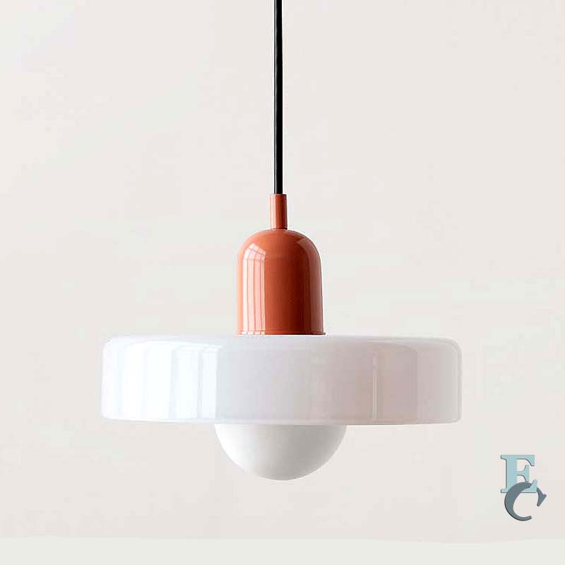 Pendant light with a white shade and brown fixture on a plain background