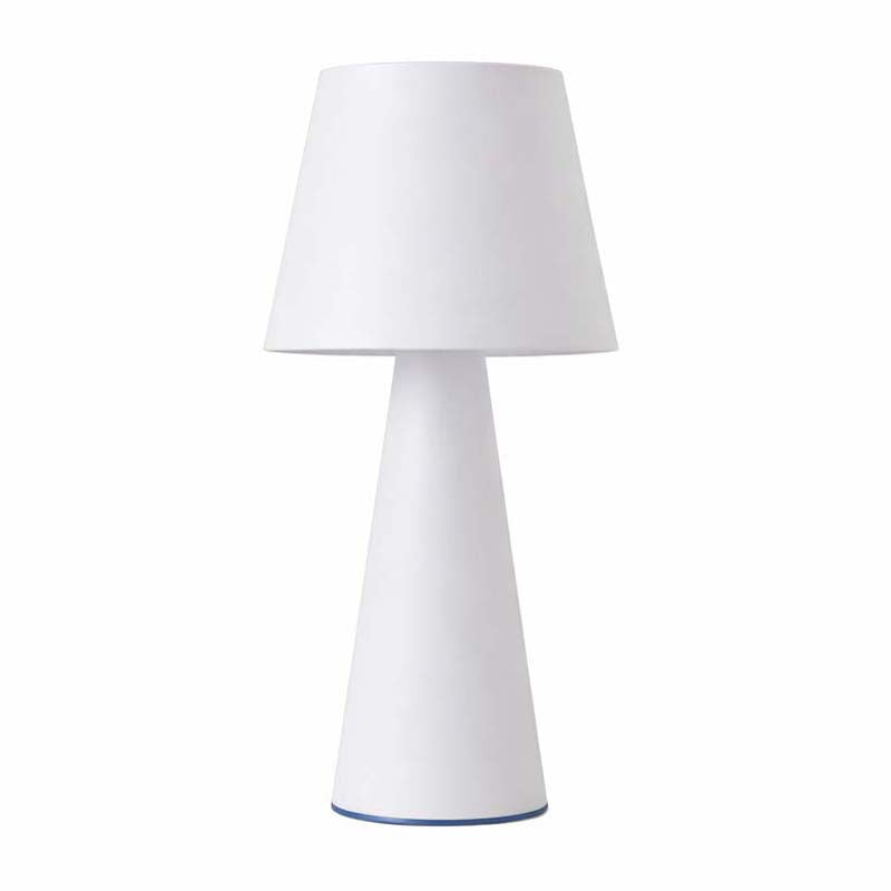 White table lamp with a cylindrical base and round shade on a white background