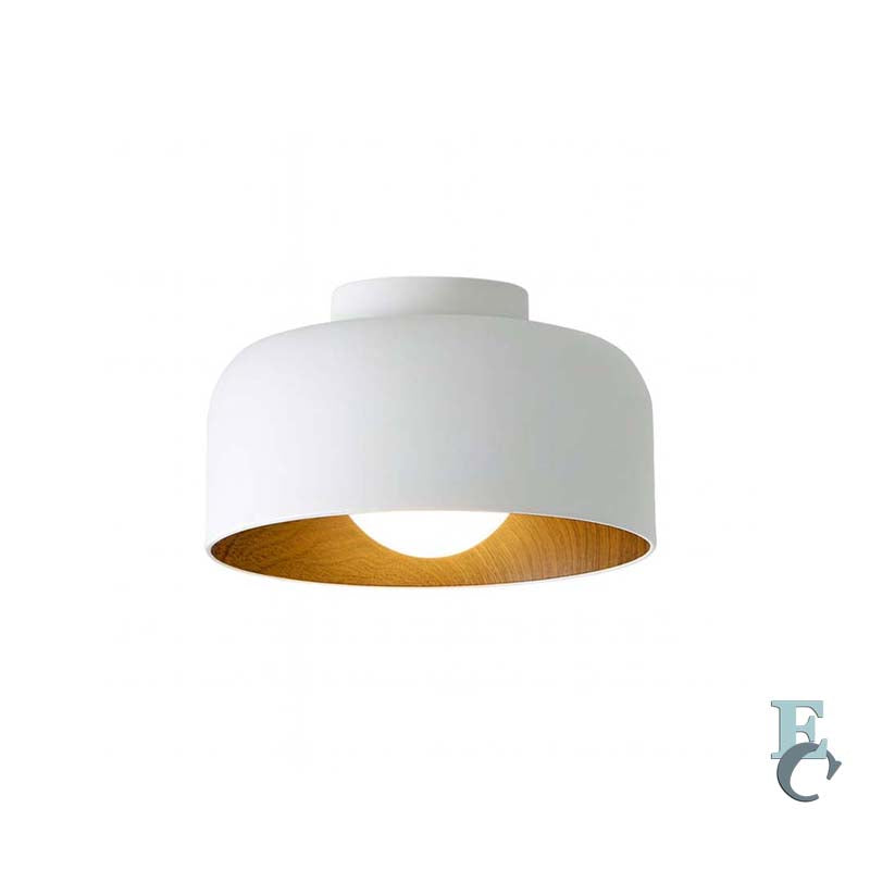 White ceiling light fixture with gold interior on a white background