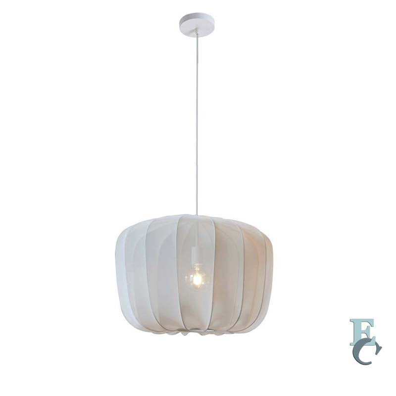 Pendant light with striped white and beige shade on a white background