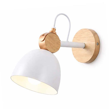 Wall-mounted lamp with white shade and gold metal accents on a white background
