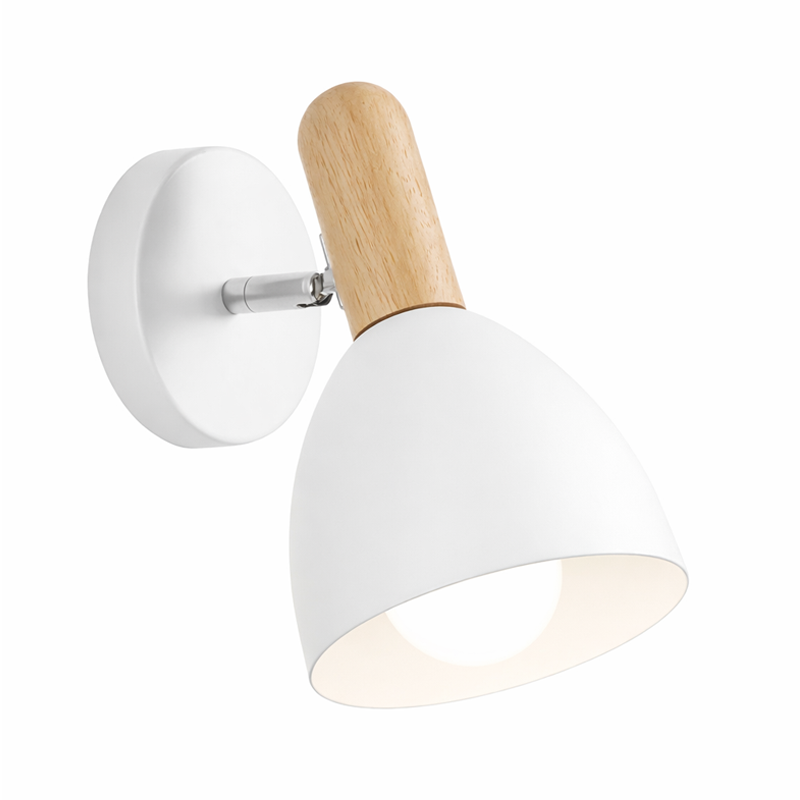 White wall light fixture with wooden accent on a white background