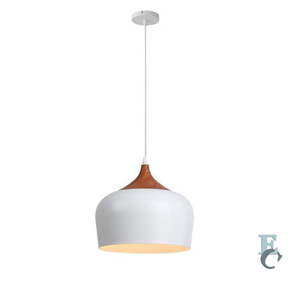White pendant light with wooden accent on a white background