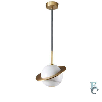 Modern pendant light with gold and white design on a white background