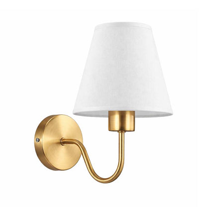Wall-mounted lamp with white shade and gold arm on a white background