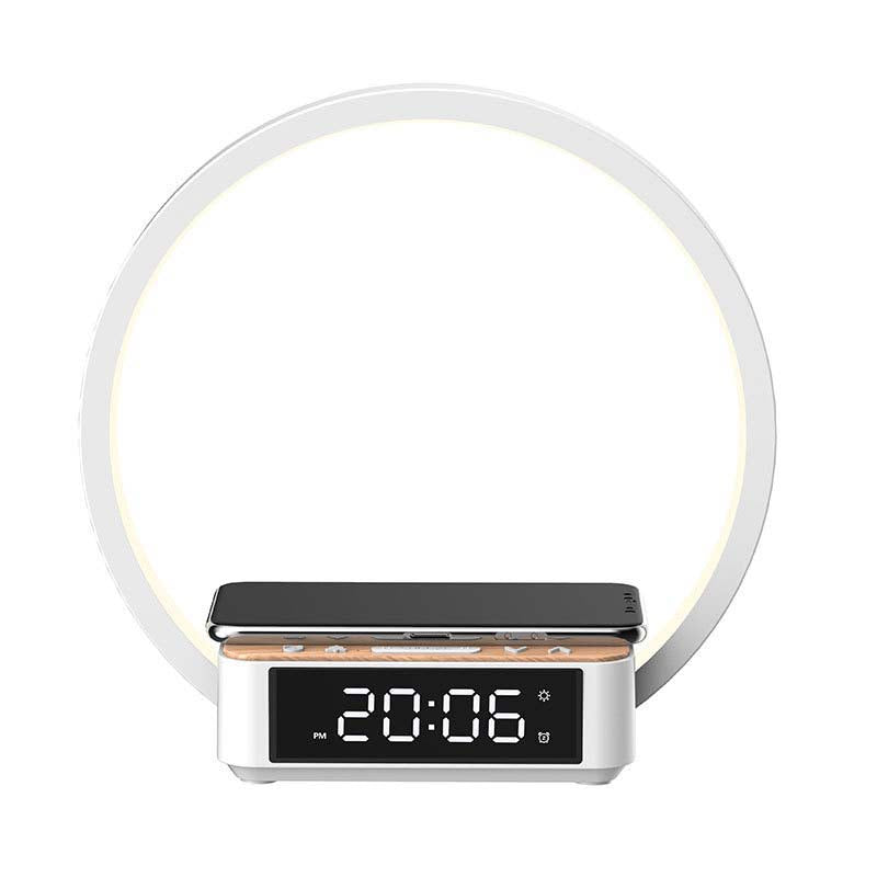 Bedside lamp with alarm clock and wireless charging