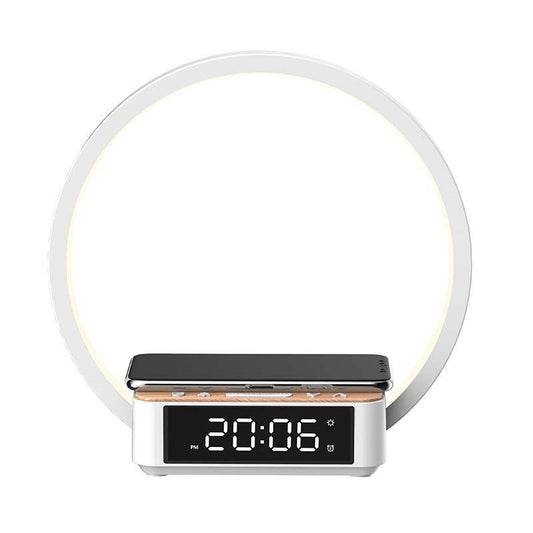 Bedside lamp with alarm clock and wireless charging