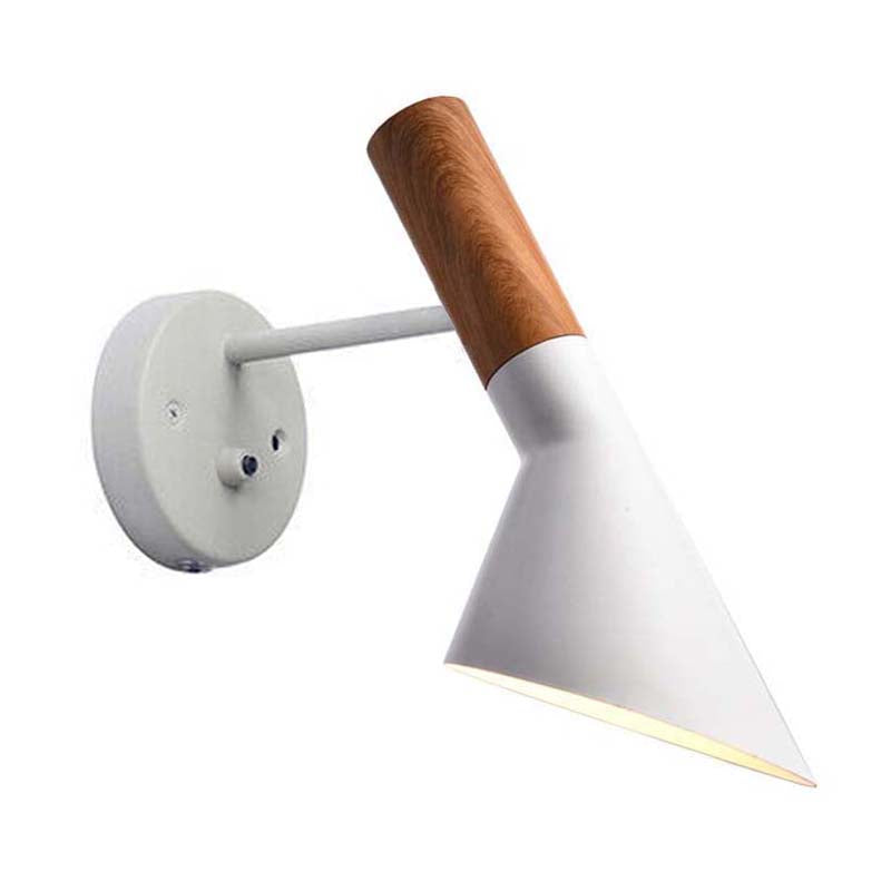 Wall-mounted lamp with a white shade and wooden arm on a white background
