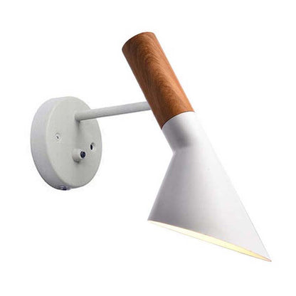 Wall-mounted lamp with a white shade and wooden arm on a white background