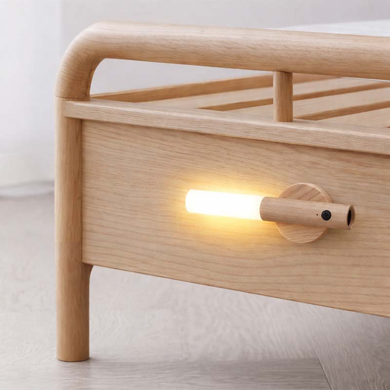 Wireless LED bedside wall light with motion sensor creating soft night lighting in a bedroom for nighttime comfort