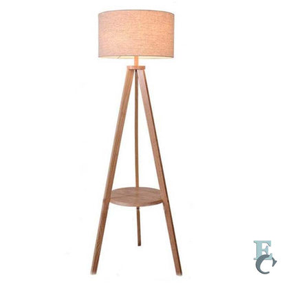 Wooden floor lamp with a round beige shade on a white background