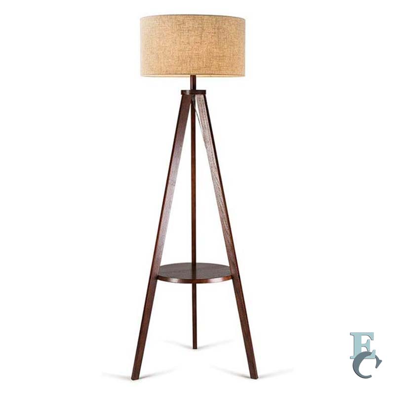 Triangular floor lamp with a round shade on a white background