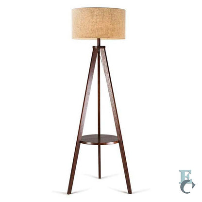 Triangular floor lamp with a round shade on a white background