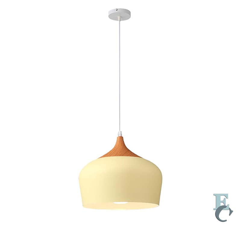 Yellow pendant light with wooden accent on a white background