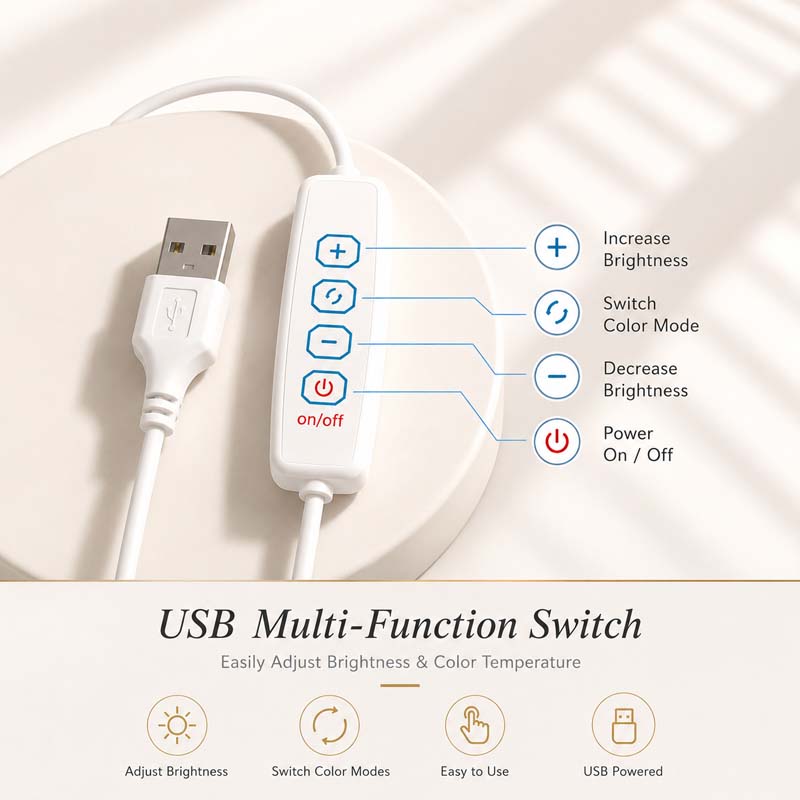 The Retro Sandwich Glass Table Lamp multifunctional USB controller, shown with a USB cable. Text explains the buttons' functions: increase brightness, switch color modes, decrease brightness, and power on/off.